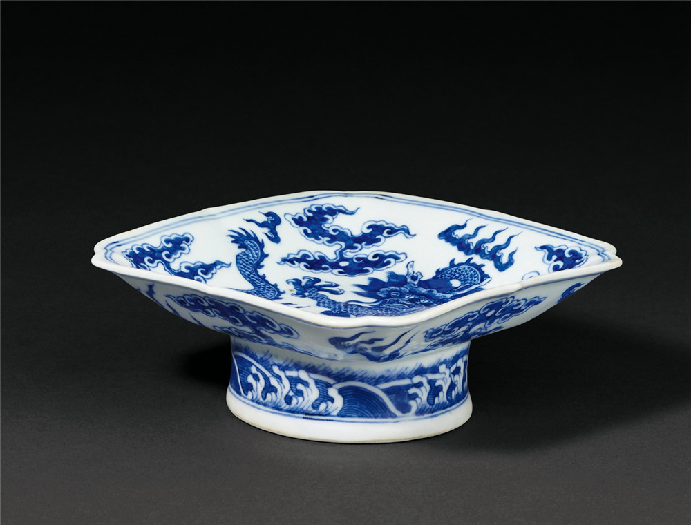 清光绪 青花云龙纹四方委角高足盘