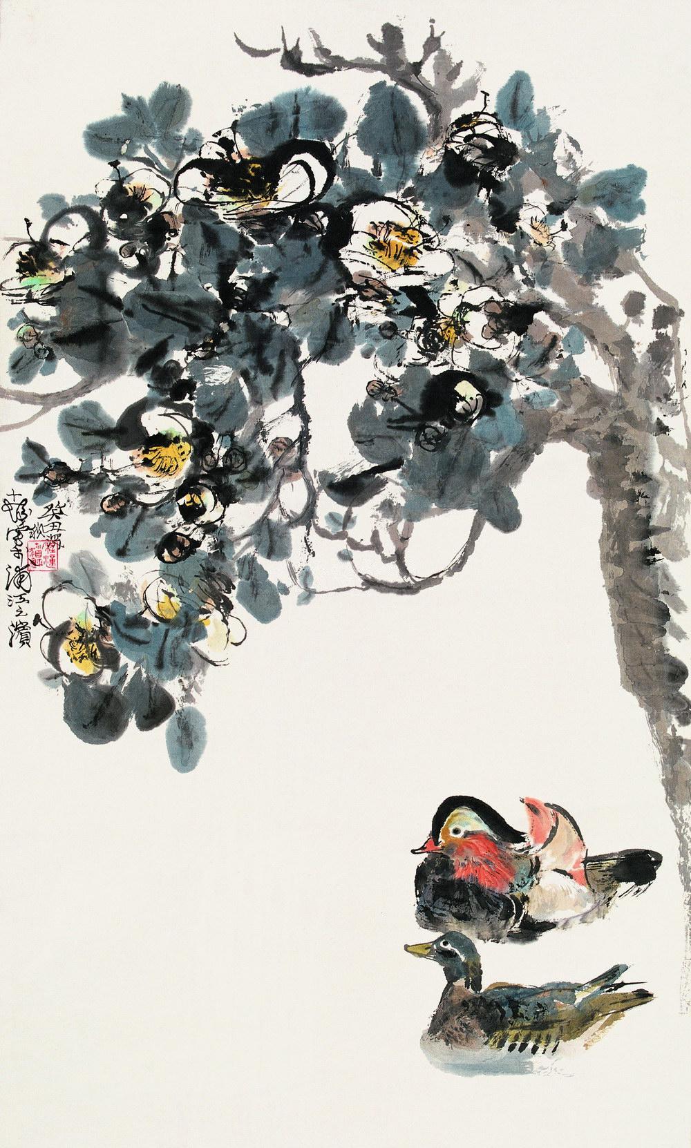 程十发 茶花鸳鸯